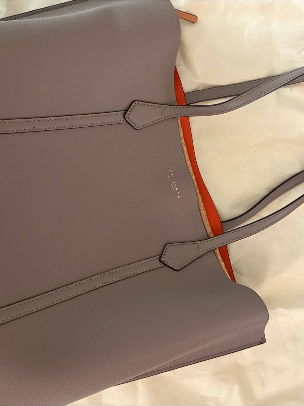 Tory Burch Taupe Leather Tote with Orange Trim